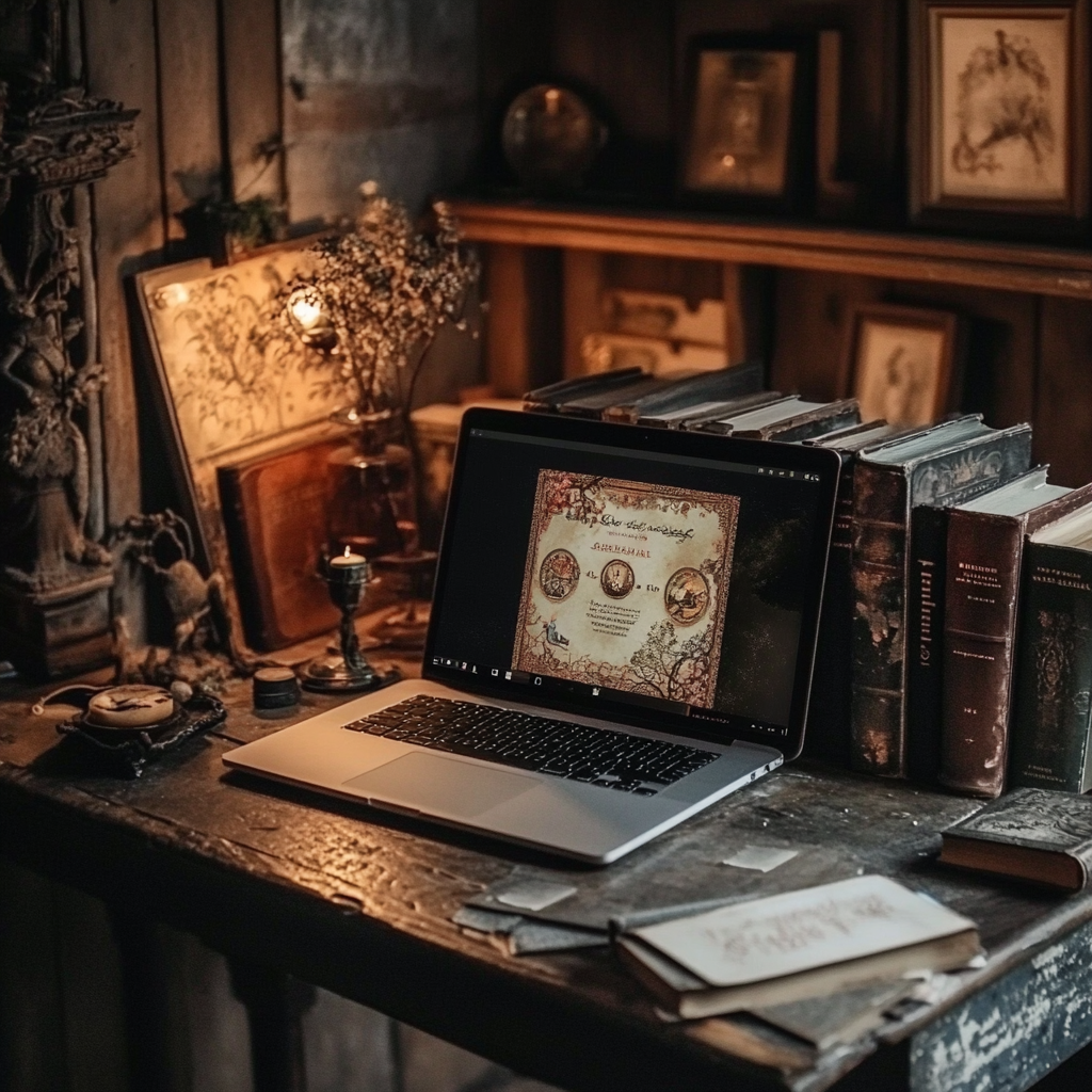 dark academia aesthetic workspace with laptop showing book cover design software, vintage books scattered around